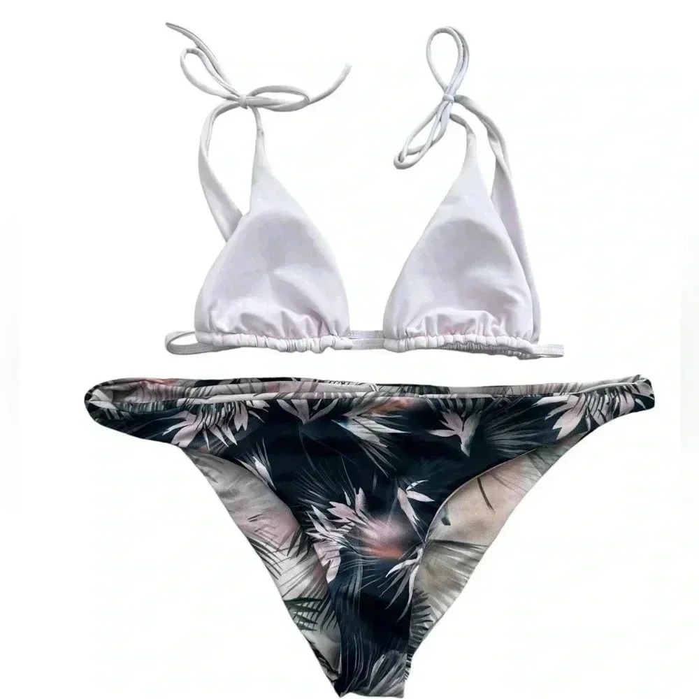 Light Pink Top And Floral Dark Blue Bikini Set, Top: Small Bottom: Large